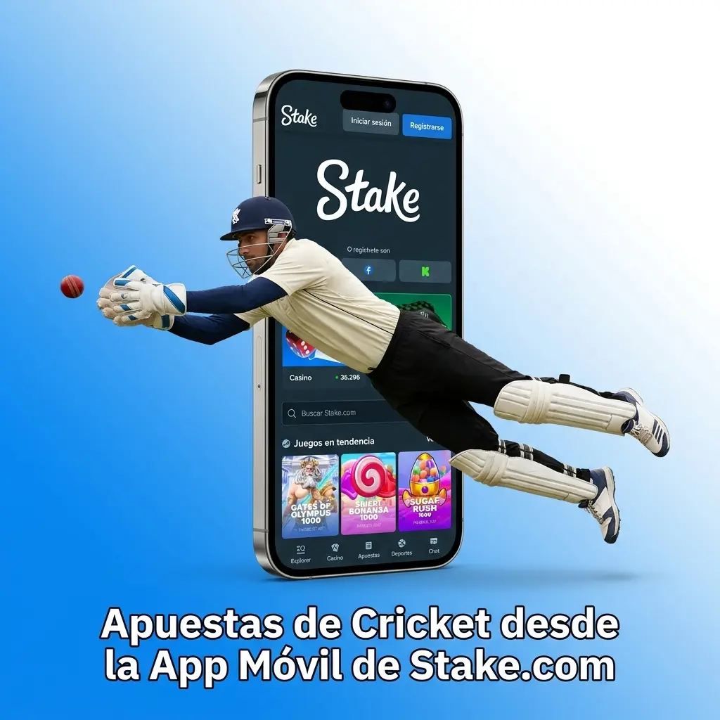 Persona apostando al cricket en smartphone con la app móvil de Stake.com en Android e iOS