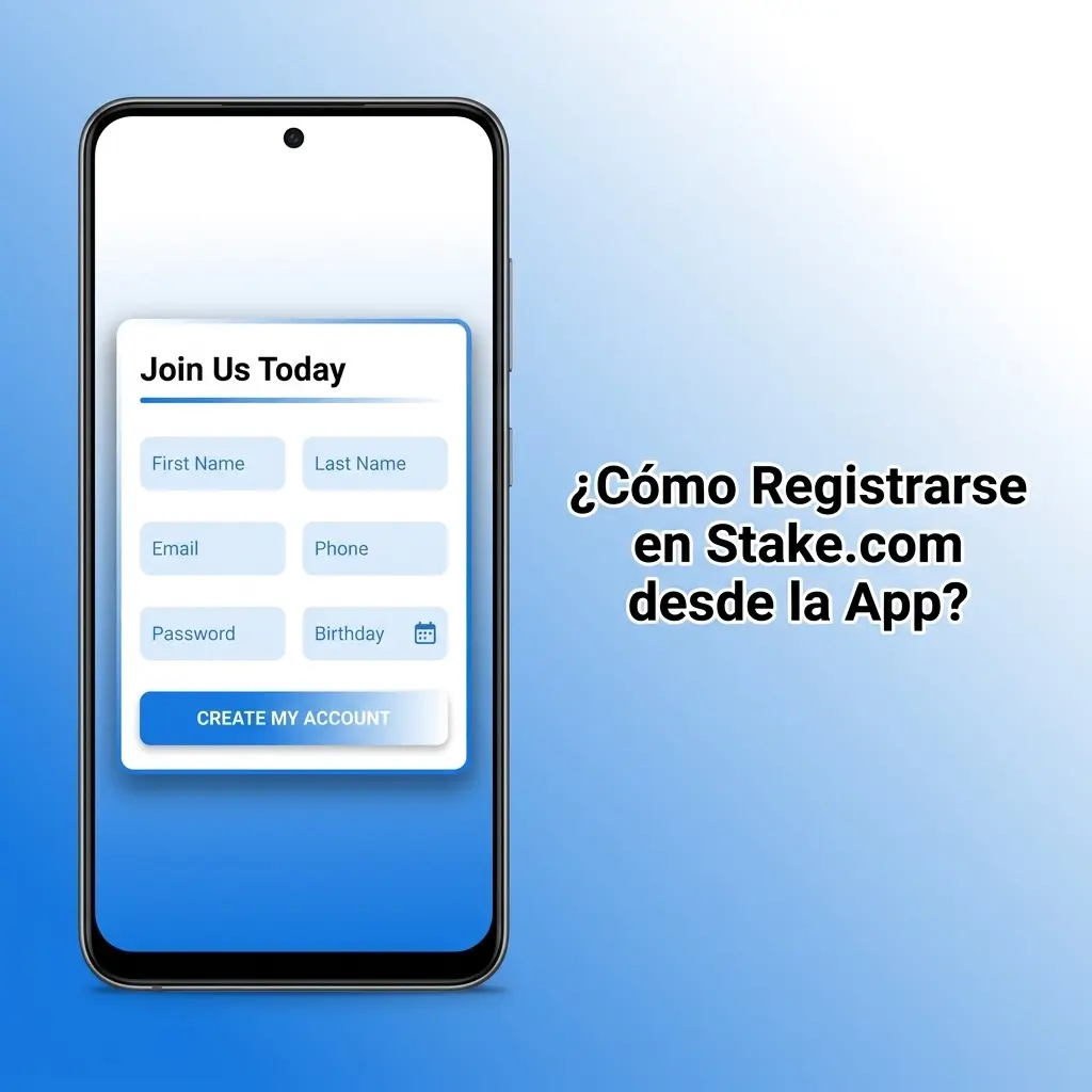 Pantalla de registro en la app de Stake.com con formulario de datos personales y opciones de inicio de sesión