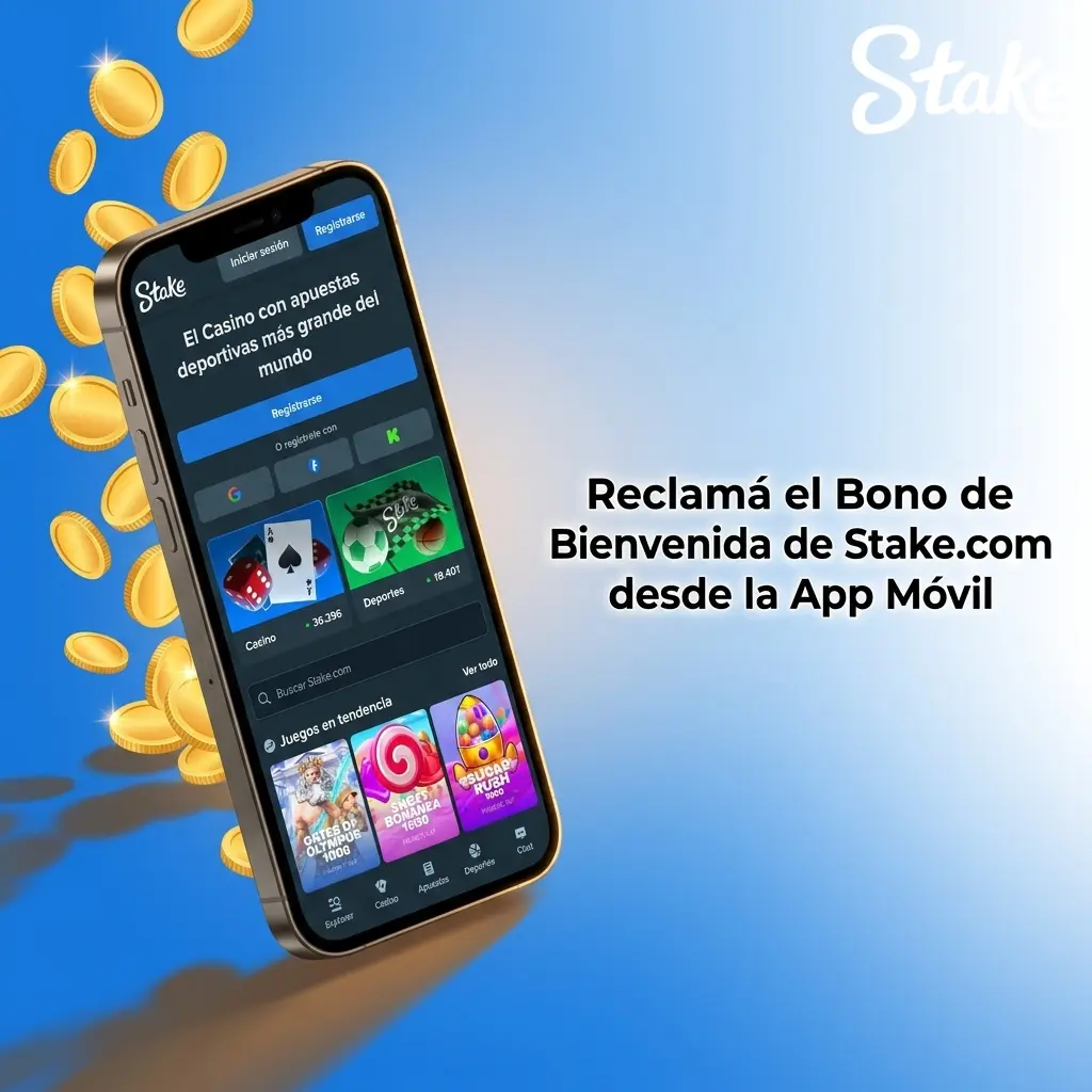 App móvil de Stake.com en iOS y Android para registrarse, depositar y reclamar bonos de bienvenida desde el celular