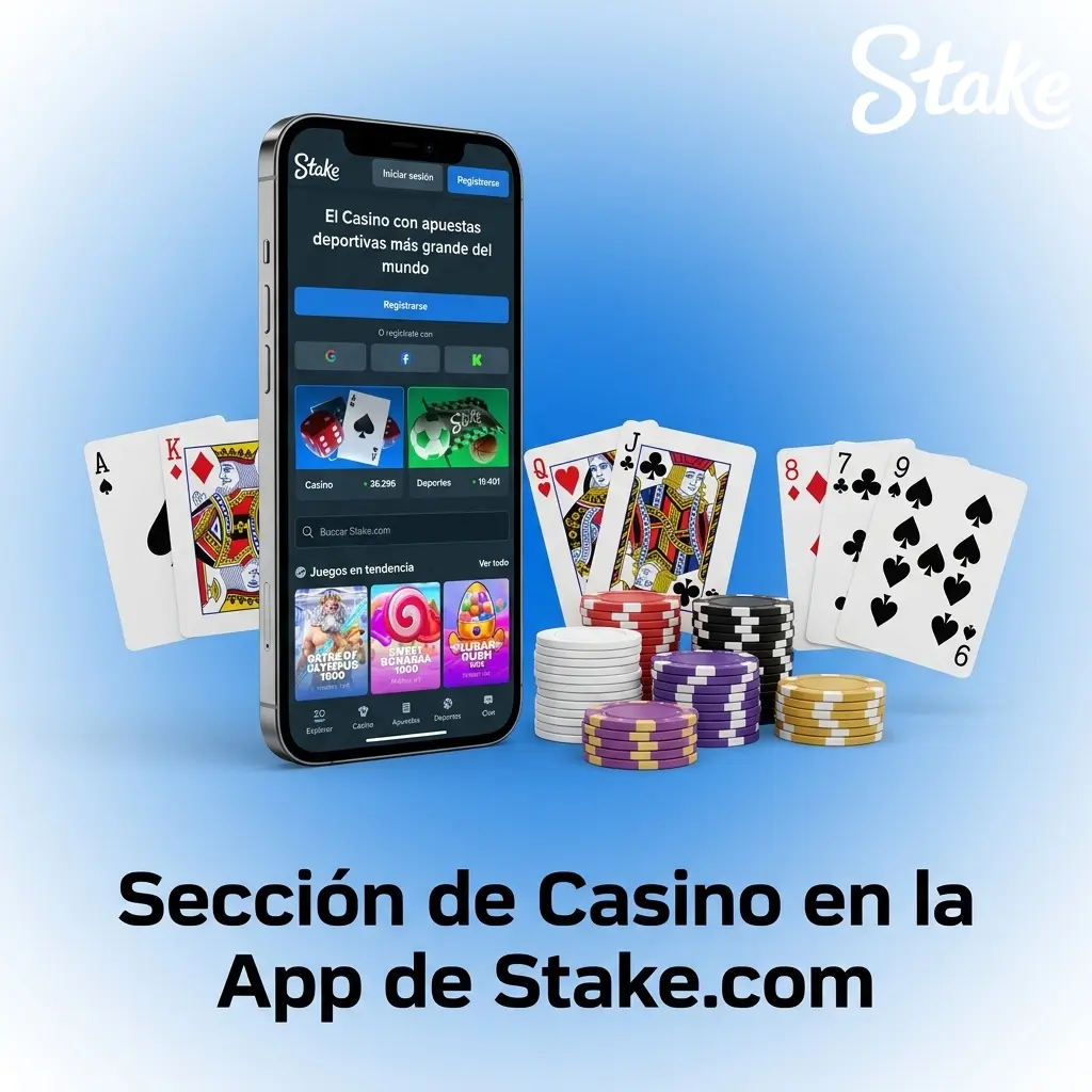 Sección de casino en la app de Stake.com con tragamonedas, casino en vivo y Stake Originals